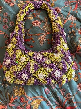 Zara Purple & Yellow Beaded Floral Mini Shoulder Bag
